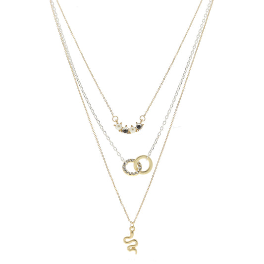 3 Strand, Pearl and Clear Crystal Curved Bar, Gold and Clear Crystal Circle Links, Gold Snake Necklace