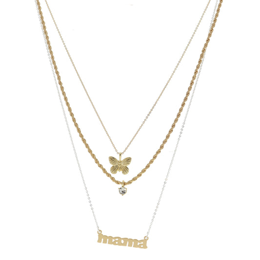 3 Strand, Gold Butterfly, Clear Crystal Drop, Gold "mama" Bar Necklace