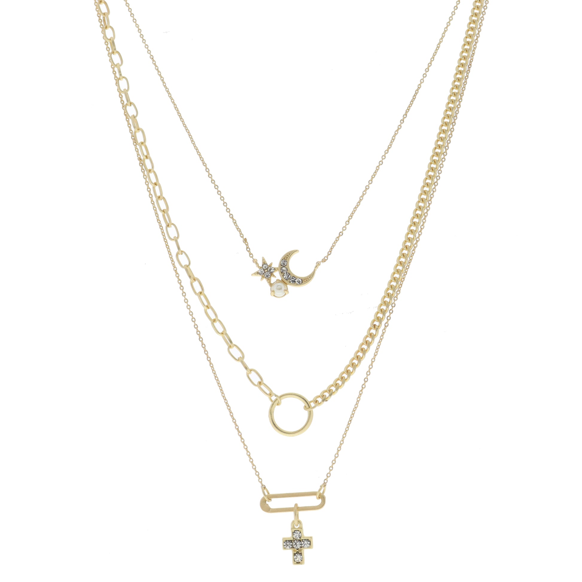 3 Strand, Crystal, Moon, Star, Pearls, Gold Circle, Gold Paperclip Link, Cross Dangle Necklace