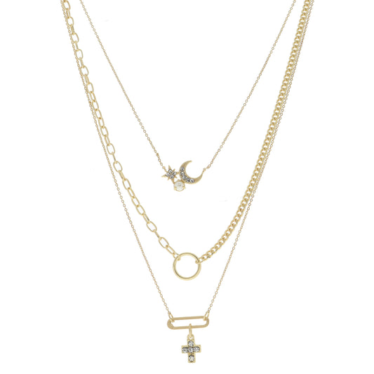 3 Strand, Crystal, Moon, Star, Pearls, Gold Circle, Gold Paperclip Link, Cross Dangle Necklace