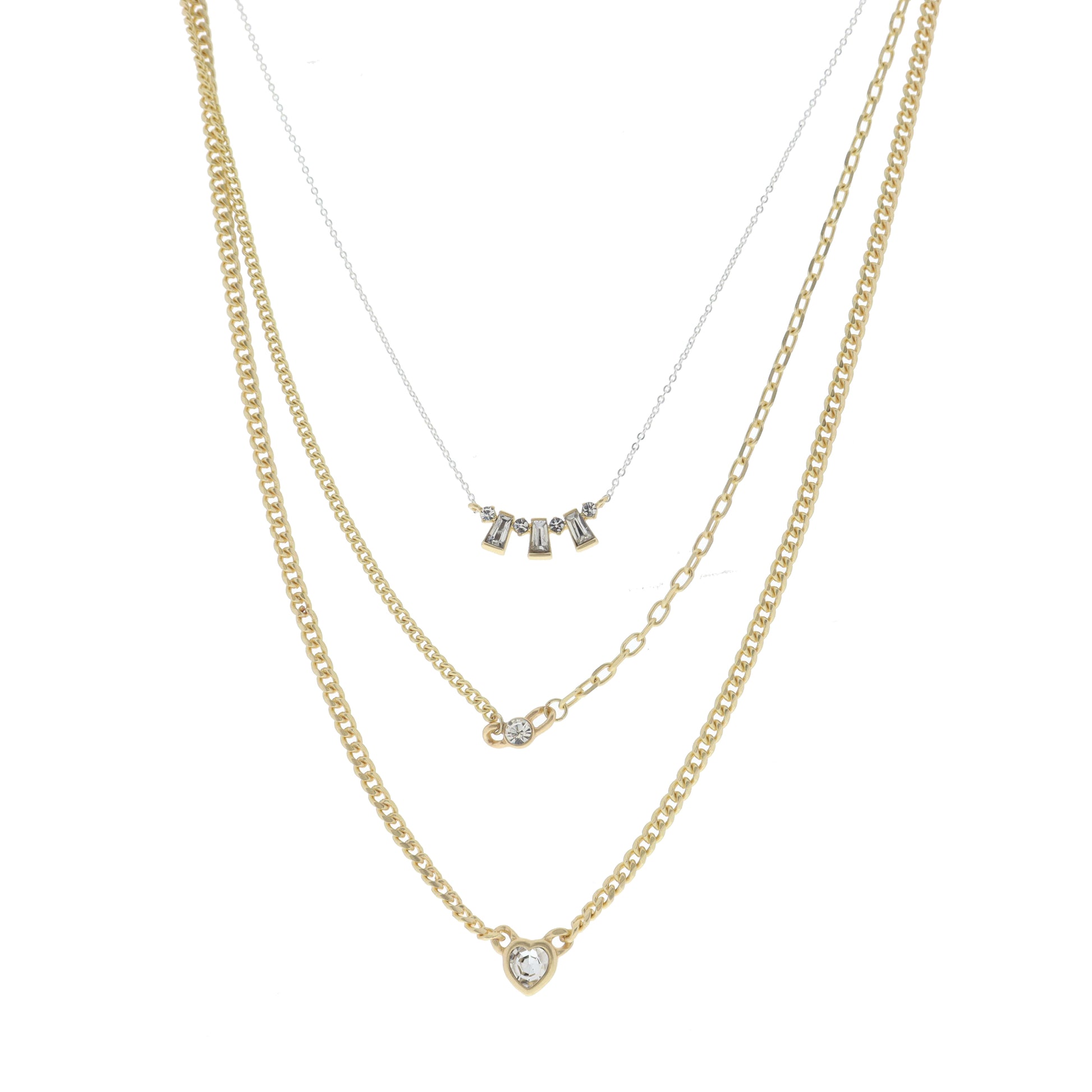 3 Strand, Crystals and Trapezoid Crystals Curved Bar, Crystal, Gold Cased Crystal Heart Necklace