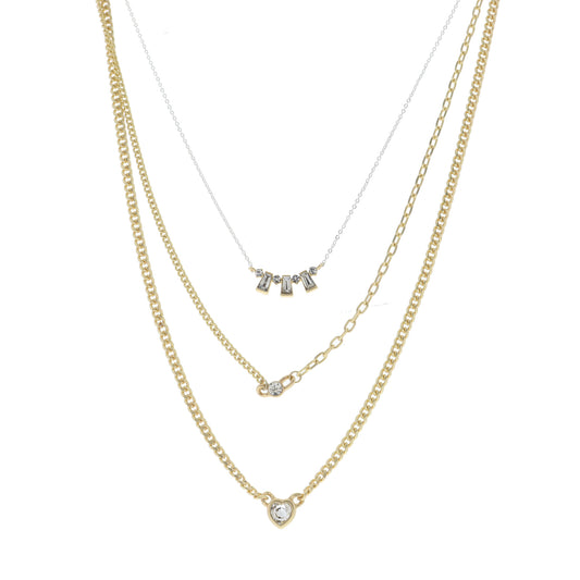 3 Strand, Crystals and Trapezoid Crystals Curved Bar, Crystal, Gold Cased Crystal Heart Necklace