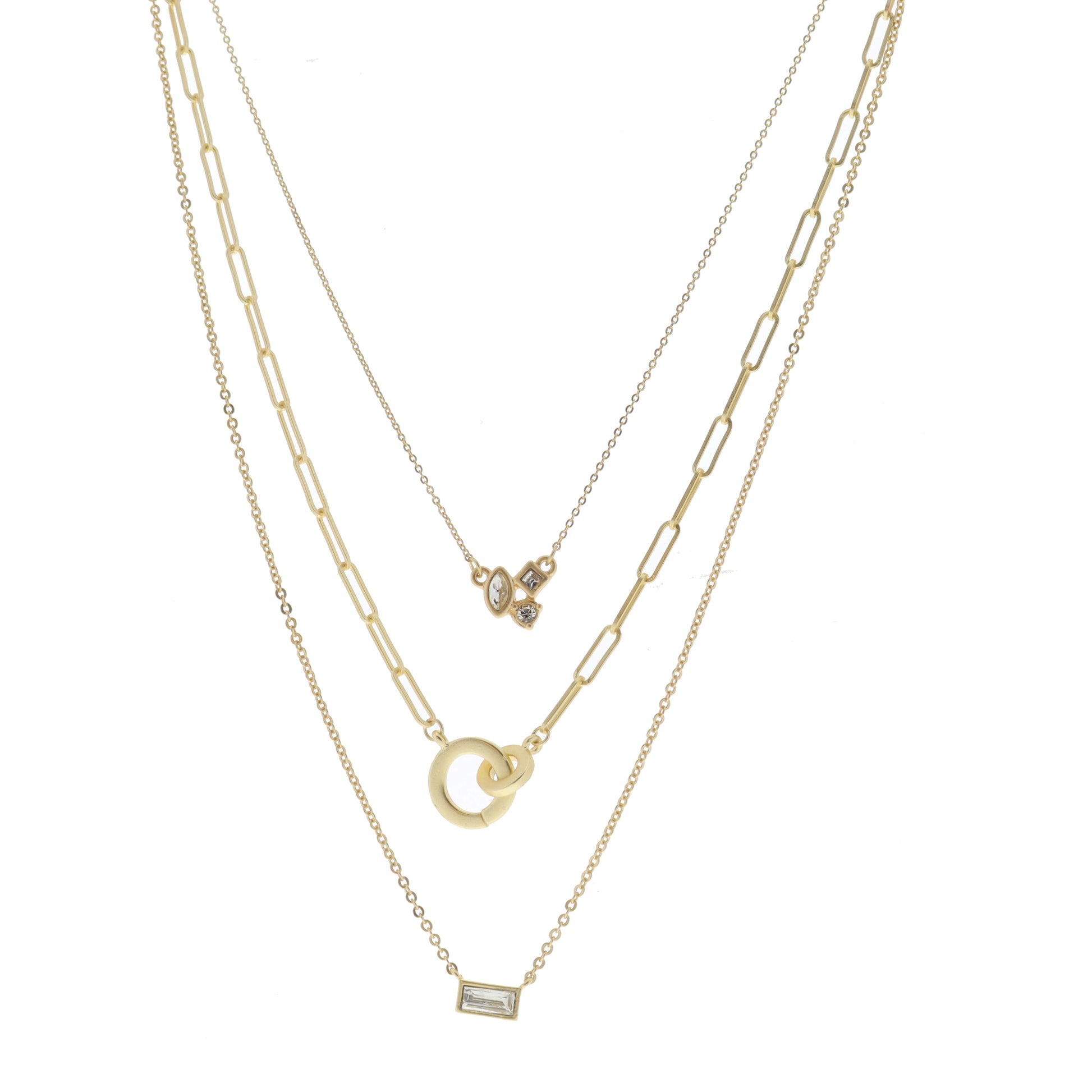 3 Strand, Multi-Shaped Crystal Cluster, Gold Circle Links, Baguette Crystal Necklace