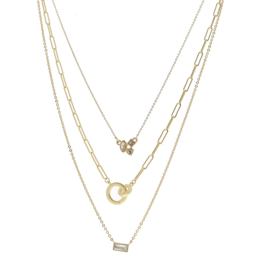 3 Strand, Multi-Shaped Crystal Cluster, Gold Circle Links, Baguette Crystal Necklace