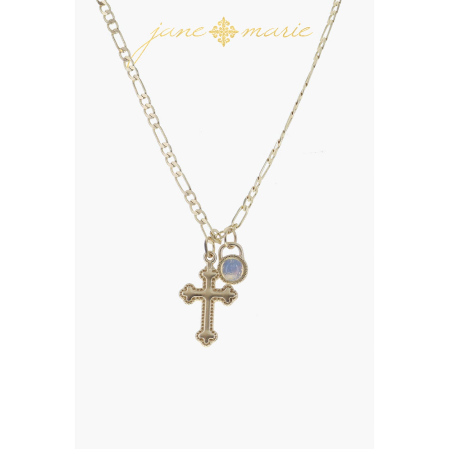 Gold Square Cross with Clear Crystals, Baroque Drop Pearl Necklace