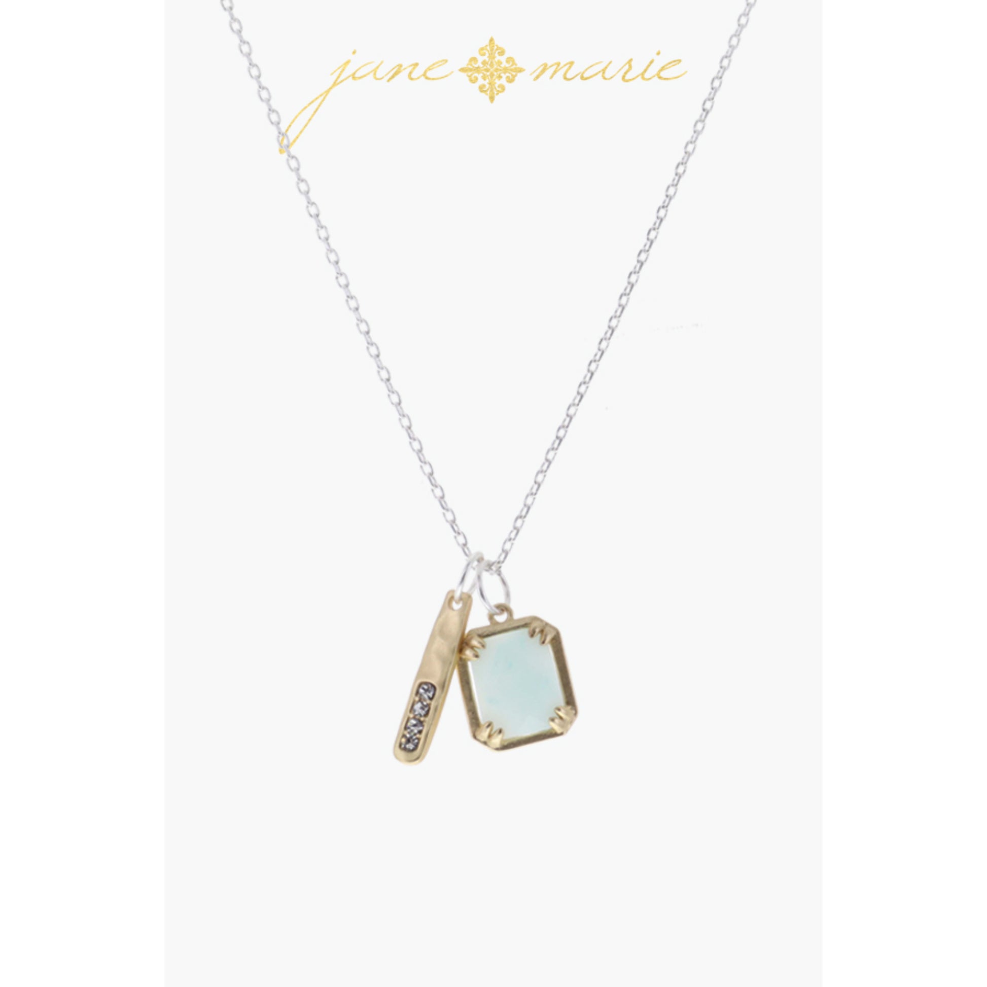 Gold Hammered Disc, Rectangle Clear Crystal Necklace