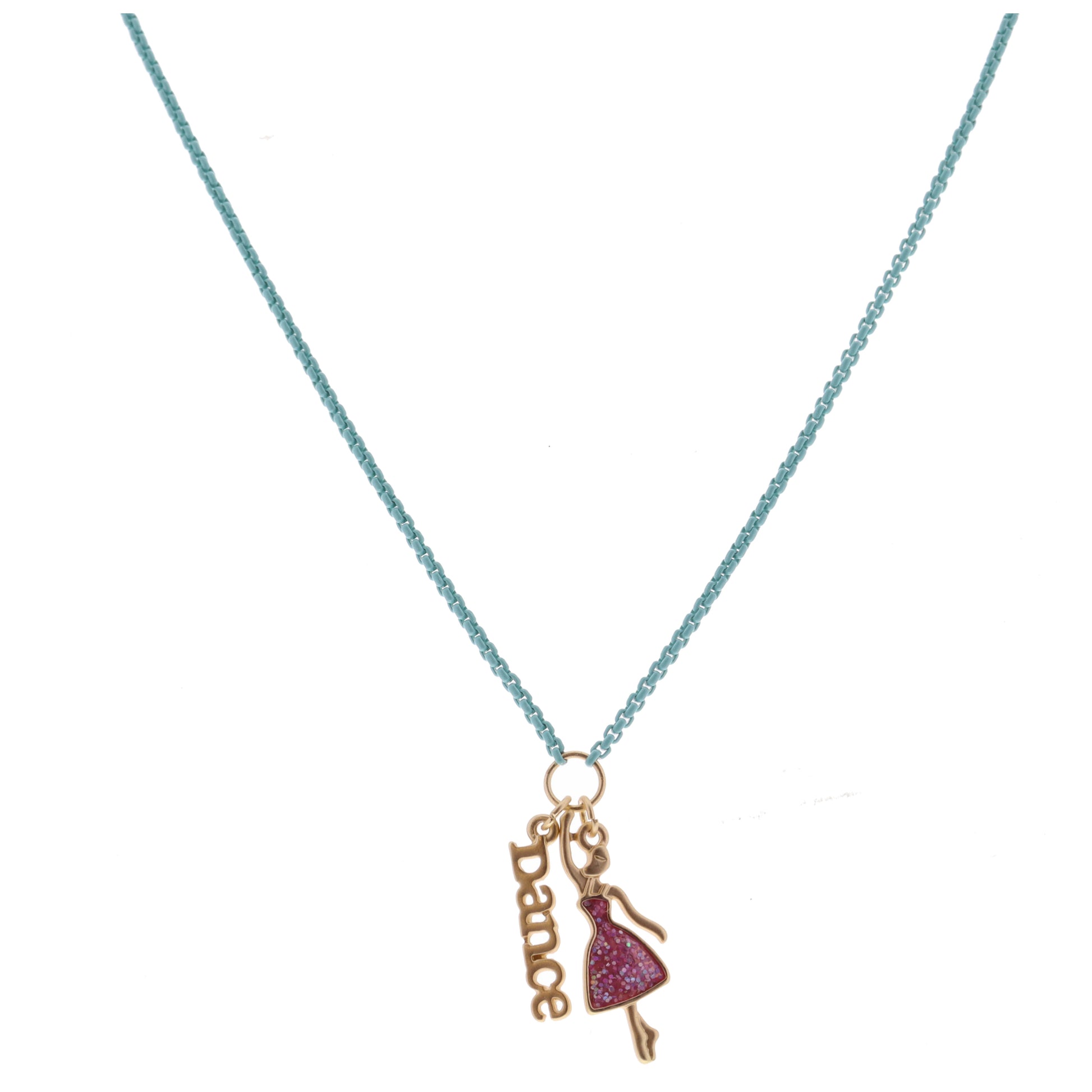 Kids Mint Box Chain with "Dance" Bar and Pink Glitter Resin Ballerina Necklace