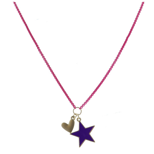 Kids Hot Pink Box Chain with Gold Heart and Purple Enamel Star Necklace