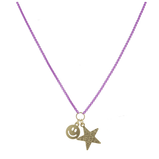 Kids Lavender Box Chain with Gold Happy Face and Gold Hammered Star Necklace