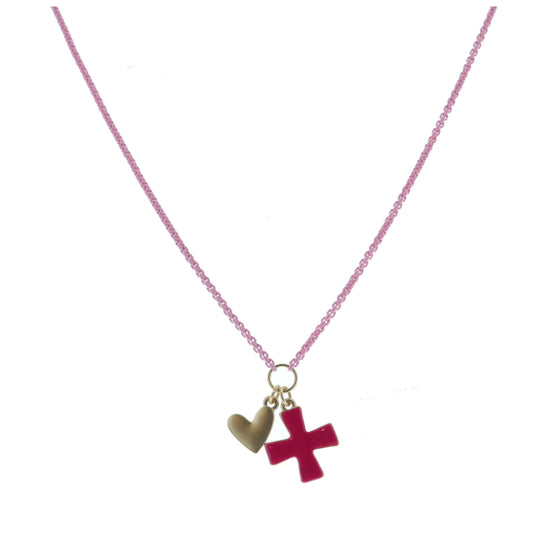 Kids Light Pink Box Chain with Heart and Hot Pink Enamel Square Cross Necklace