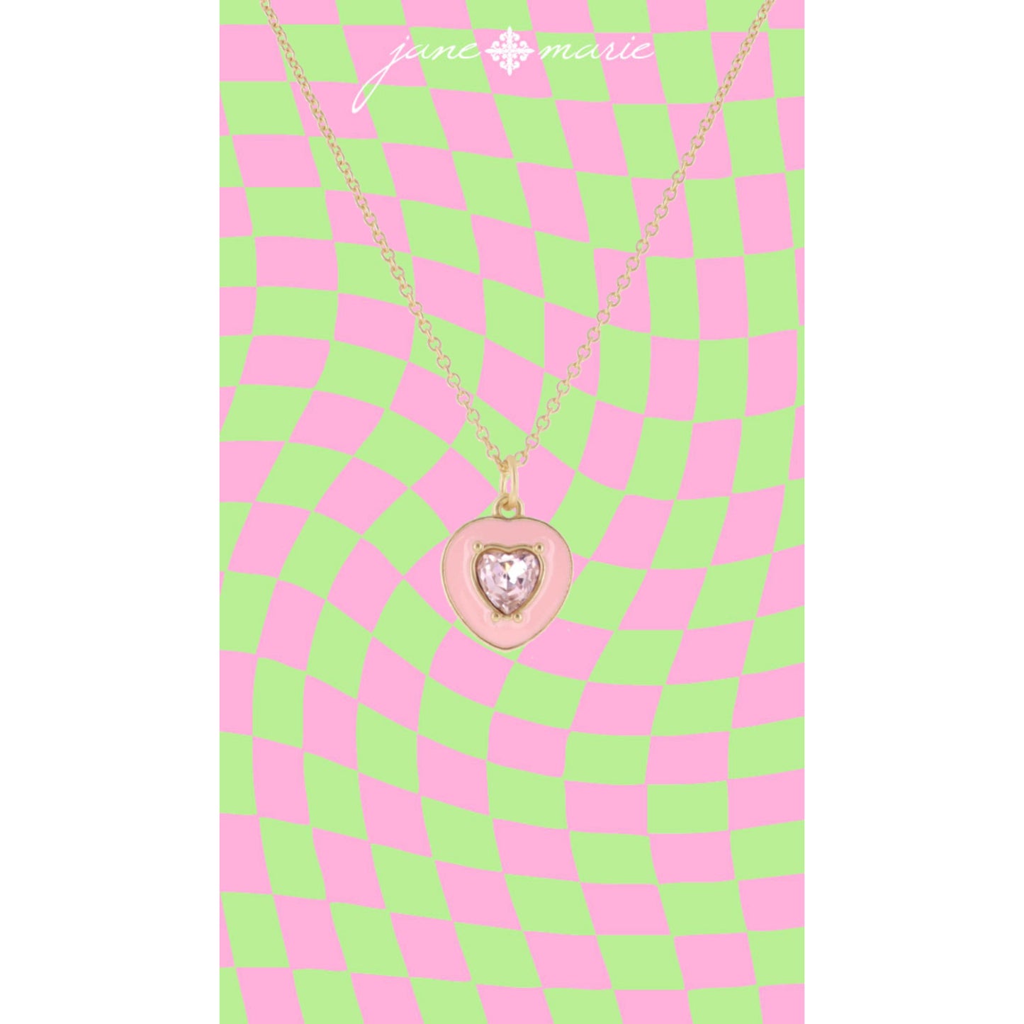 Kids Light Pink Enamel Heart with Light Pink Crystal Heart Necklace
