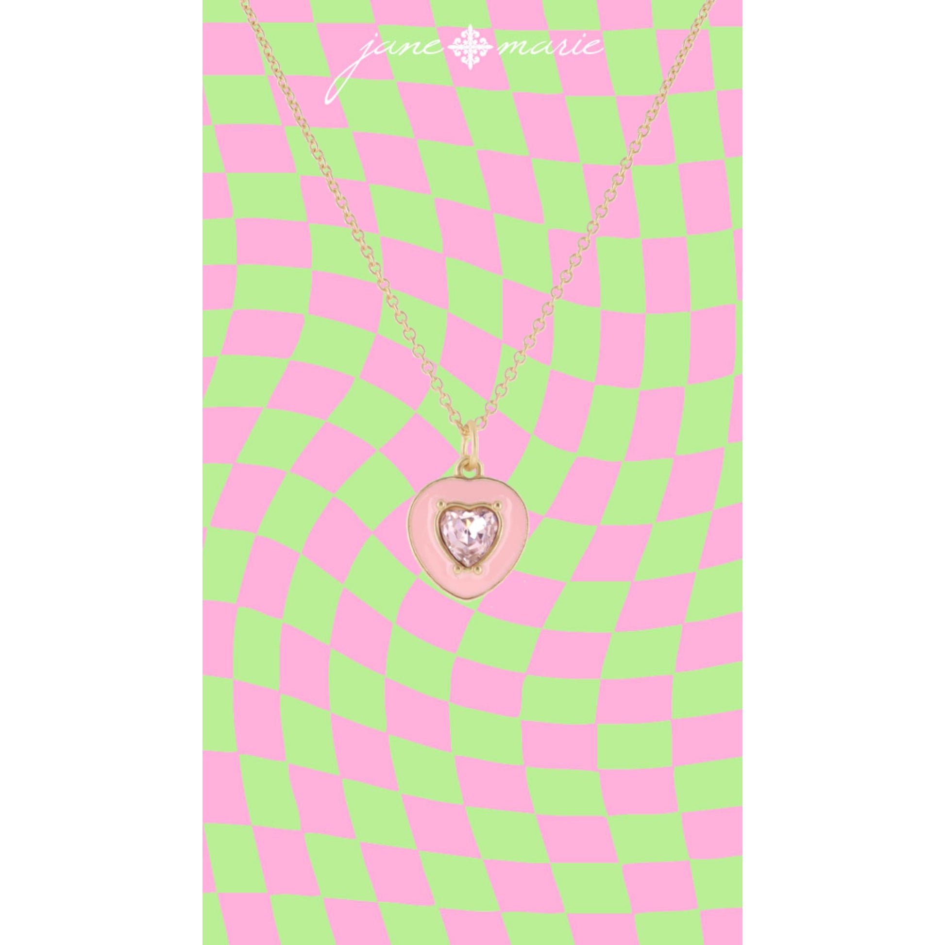 Kids Light Pink Enamel Heart with Light Pink Crystal Heart Necklace