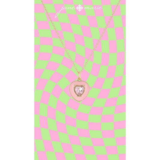 Kids Light Pink Enamel Heart with Light Pink Crystal Heart Necklace