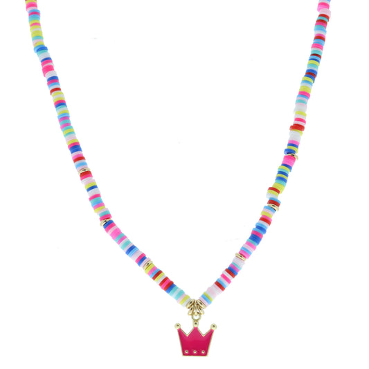 Kids Multi Sequin Beaded with Hot Pink Enamel Crown Necklace