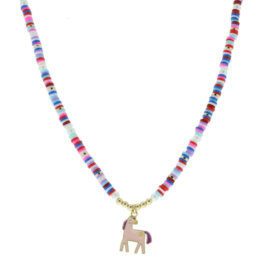 Kids Multi Sequin and Pearl Beaded with Pink and Purple Enamel Horse Necklace