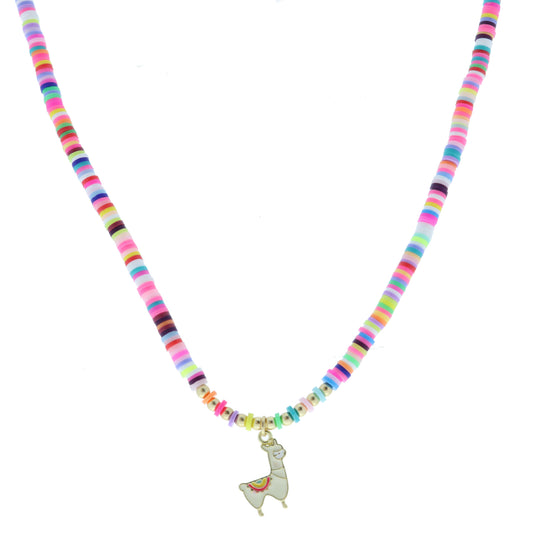 Kids Multi Rainbow Rubber Sequin with White and Multi Enamel Llama Necklace