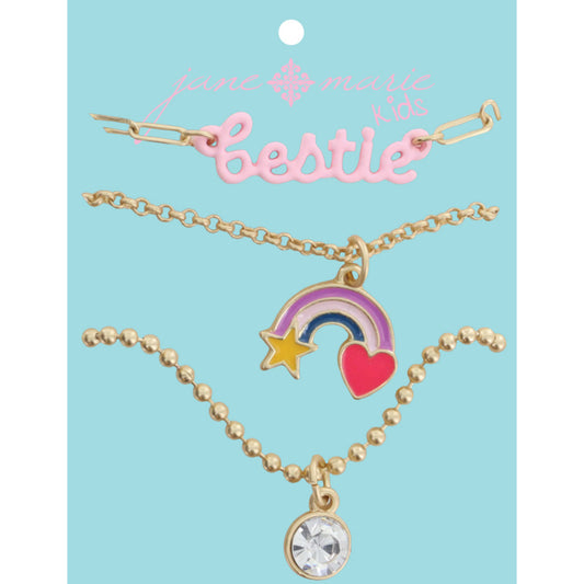 Kids Set of 3, Pink "bestie" Bar, Enamel Rainbow, Star, Heart, Crystal Dangle Necklace