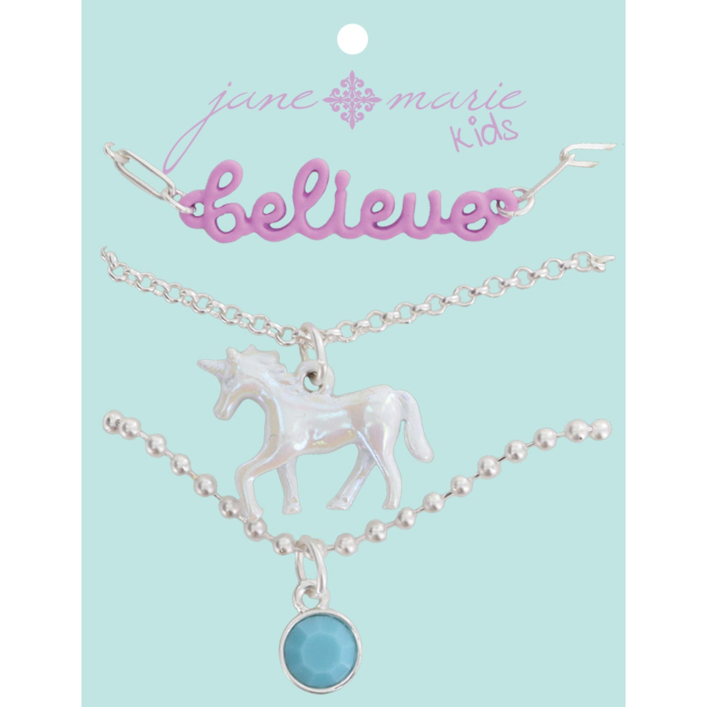 Kids Set of 3, Lavender "believe" Bar, Iridescent White Unicorn, Light Blue Stone Dangle Necklace