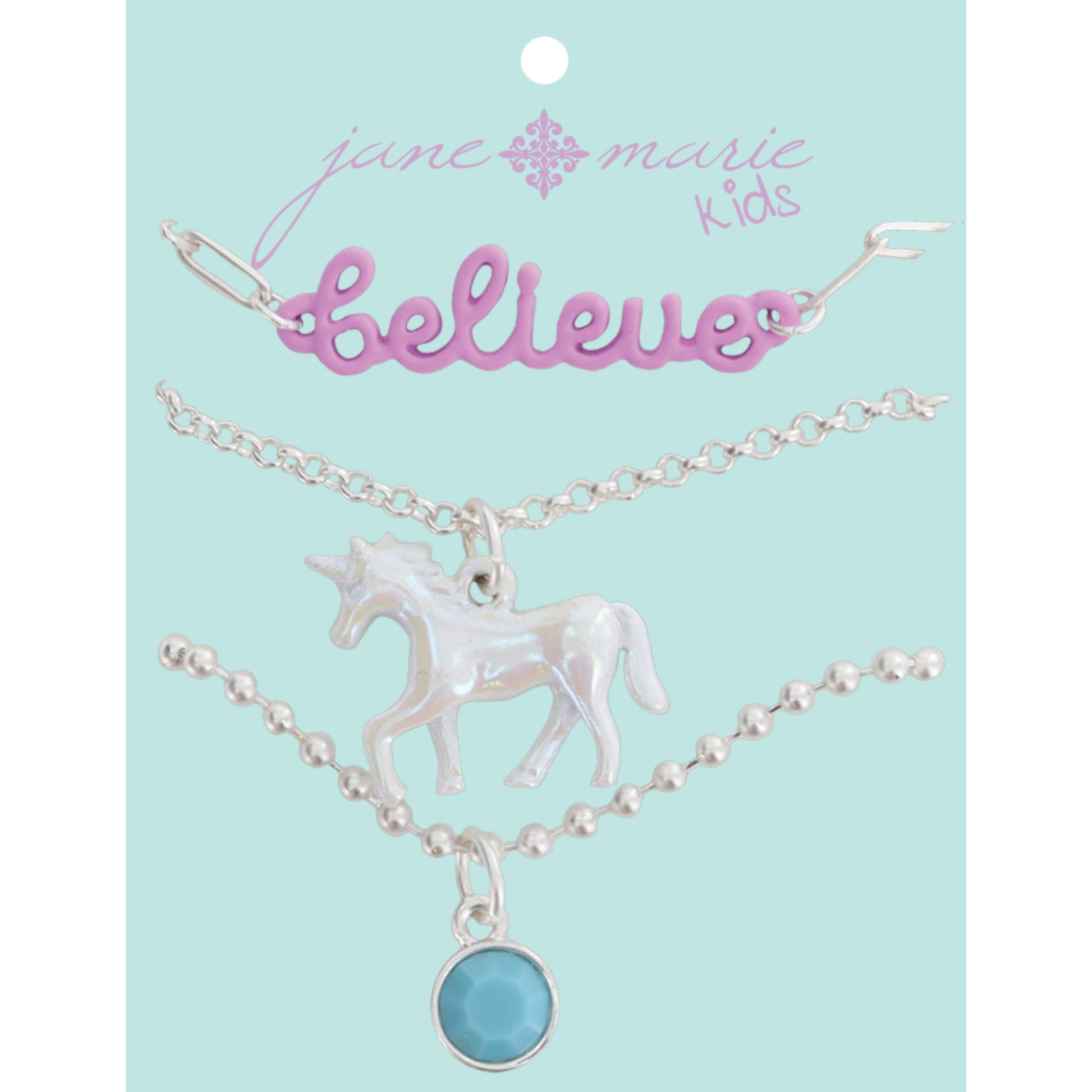 Kids Set of 3, Lavender "believe" Bar, Iridescent White Unicorn, Light Blue Stone Dangle Necklace