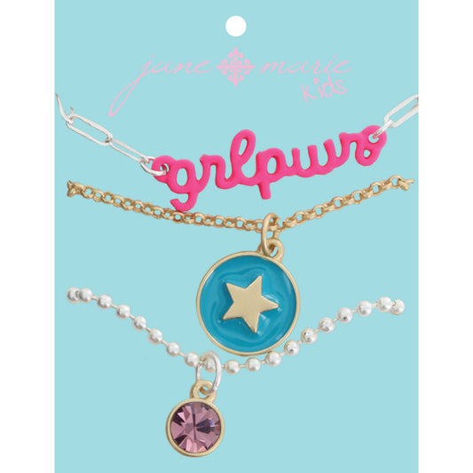 Kids Set of 3, Pink "grlpwr" Bar, Teal Enamel Disc, Gold Star, Lavender Crystal Dangle Necklace