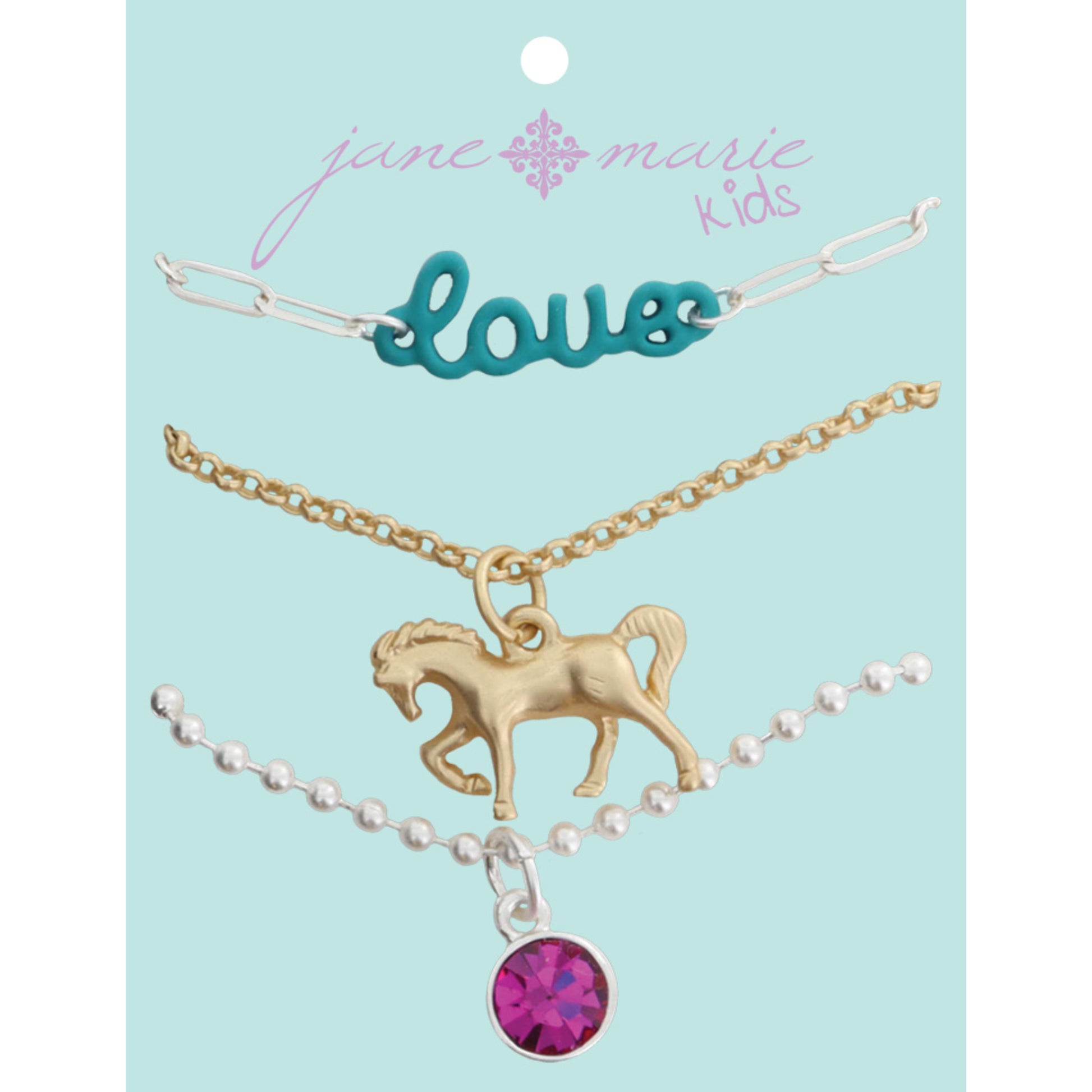 Kids Set of 3, Teal "love" Bar, Gold Horse, Hot Pink Crystal Dangle Necklace