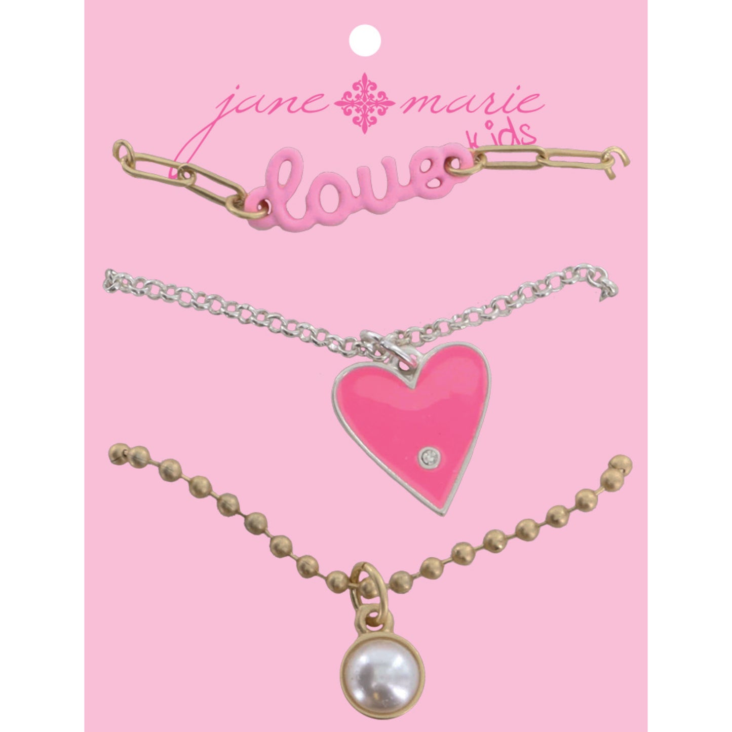 Kids Set of 3, Pink "love" Bar, Pink Enamel Heart with Crystal, Pearl Dangle Necklace
