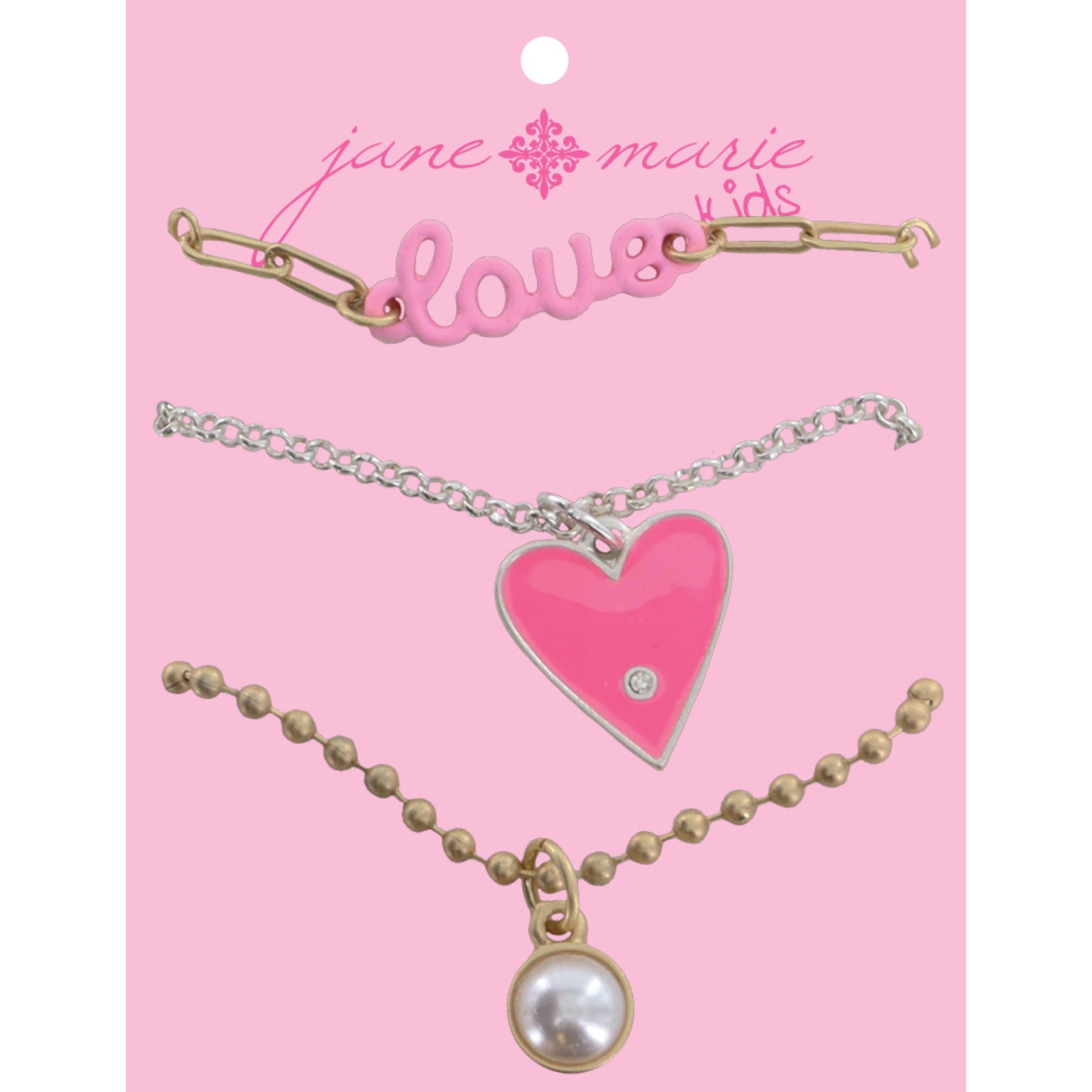 Kids Set of 3, Pink "love" Bar, Pink Enamel Heart with Crystal, Pearl Dangle Necklace