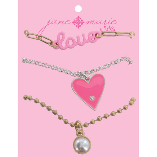 Kids Set of 3, Pink "love" Bar, Pink Enamel Heart with Crystal, Pearl Dangle Necklace