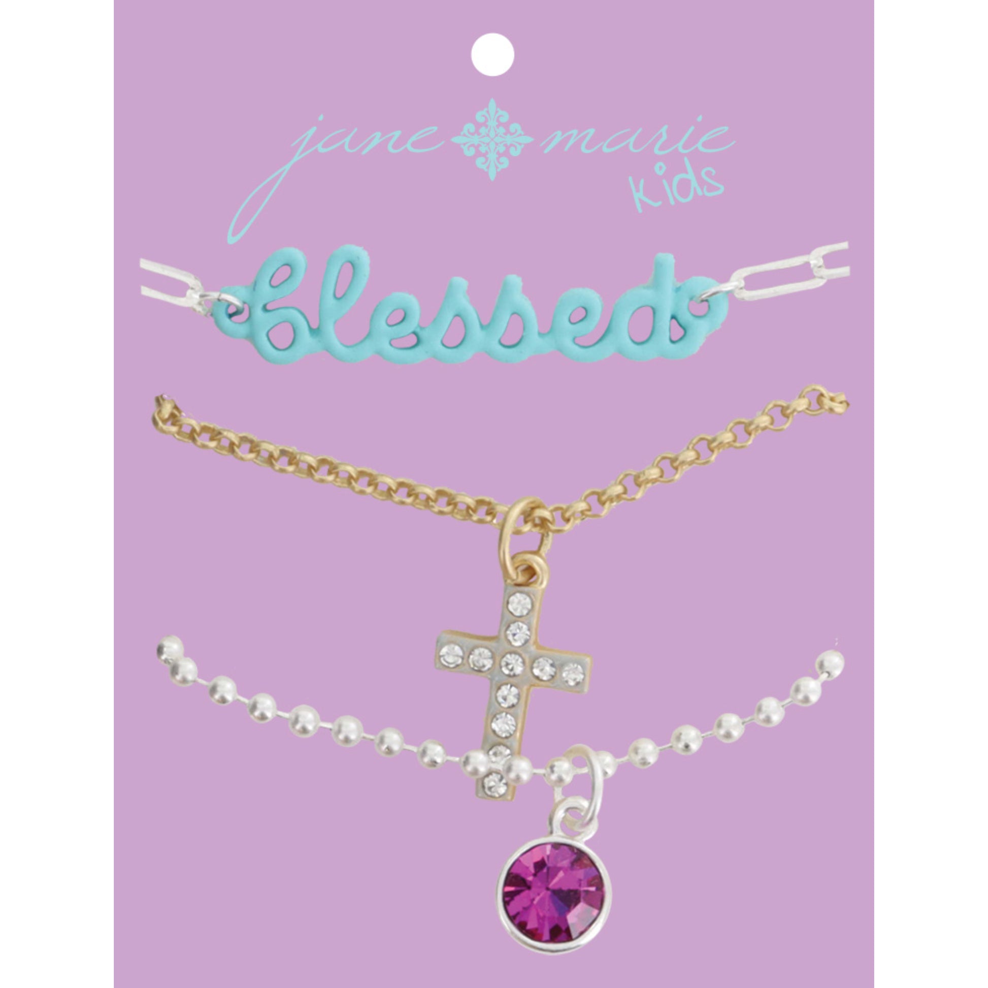 Kids Set of 3, Mint "blessed" Bar, Crystal and Grey Enamel Cross, Pink Crystal Dangle Necklace