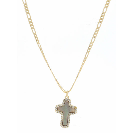 Grey Shell Cross with Clear Crystals Necklace