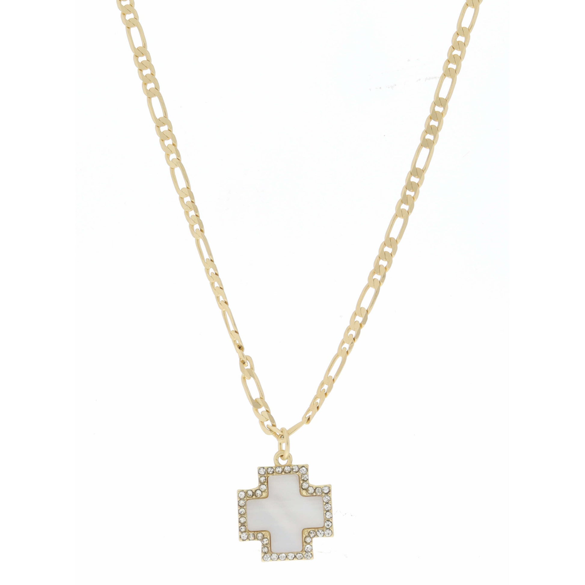 White Shell Square Cross with Clear Crystals Necklace