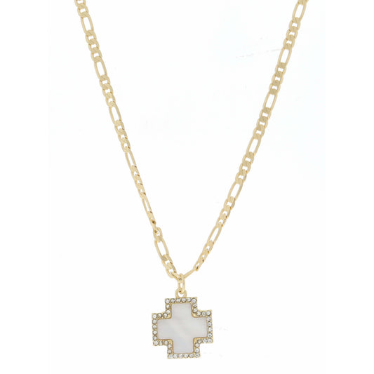 White Shell Square Cross with Clear Crystals Necklace