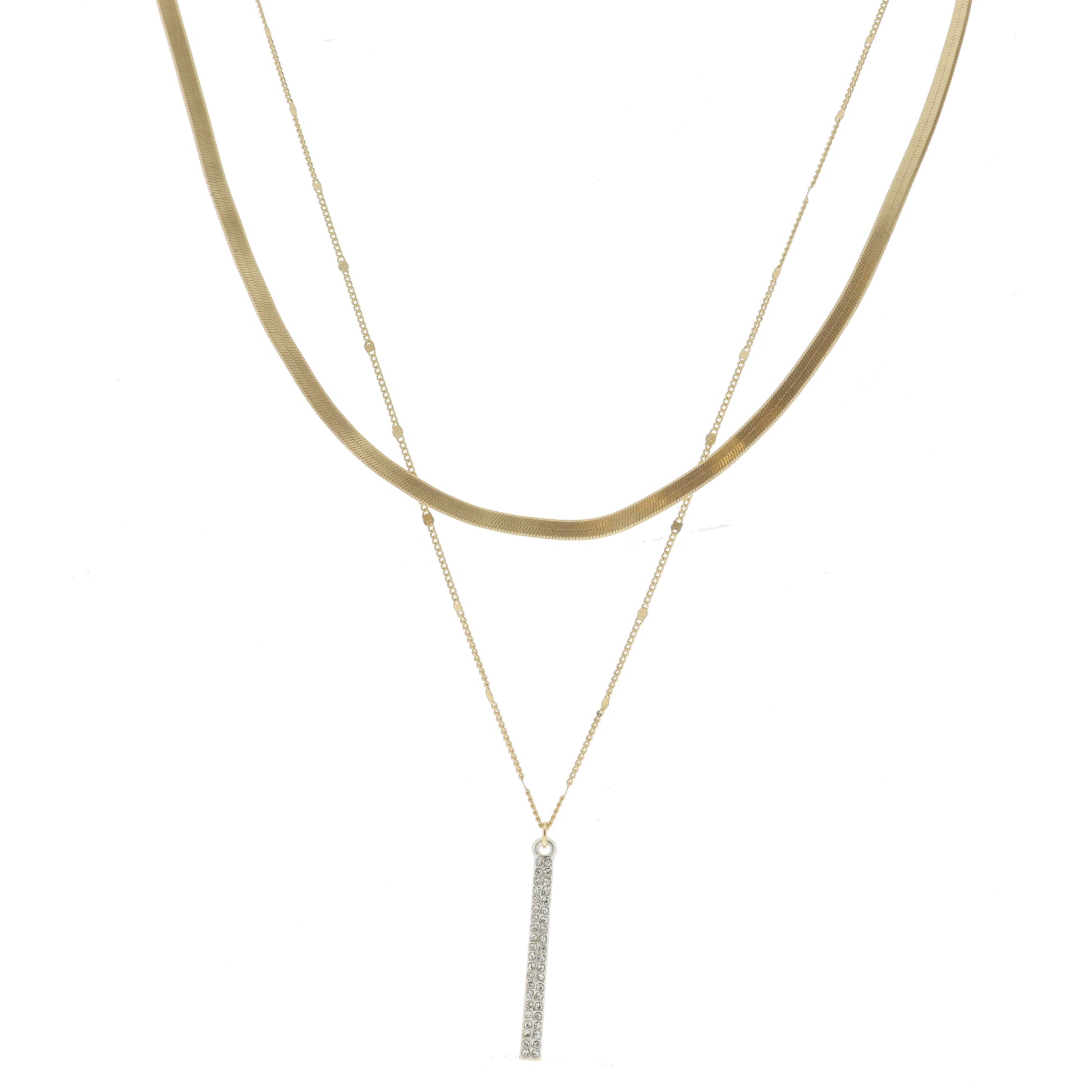 2 Strand, Snake Chain, Chain with Crystal Embellished Silver Bar Necklace