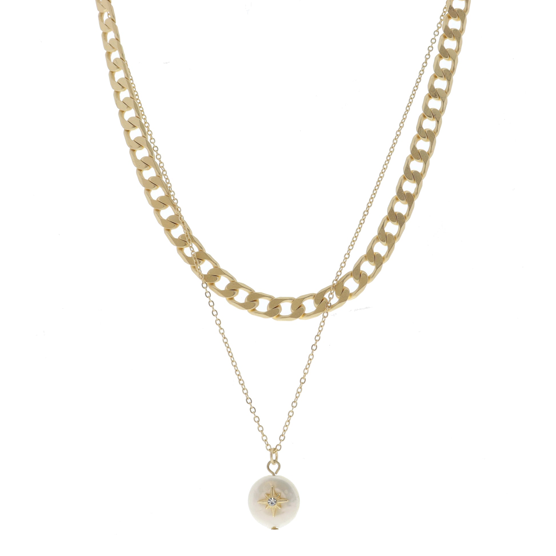 2 Strand, Curb Chain, Cable Chain with Pearl and Crystal Star Necklace