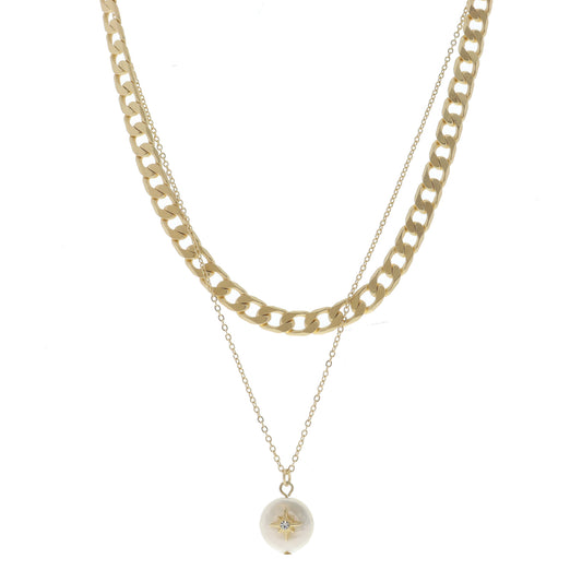 2 Strand, Curb Chain, Cable Chain with Pearl and Crystal Star Necklace