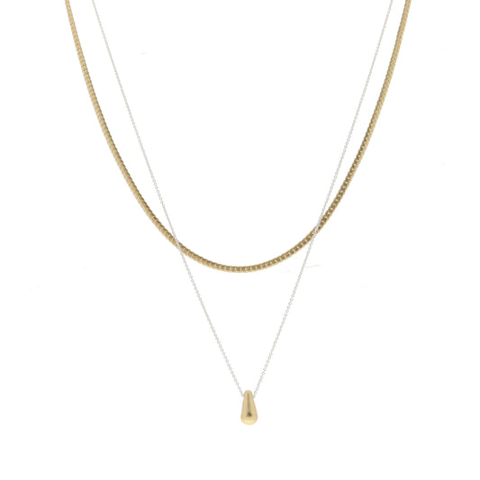 2 Strand, Gold Dapped Bar Chain, Silver Chain with Gold Teardrop Necklace