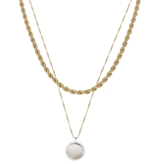 2 Strand, Gold Rope Chain, Gold Singapore Chain with Silver Disc Necklace