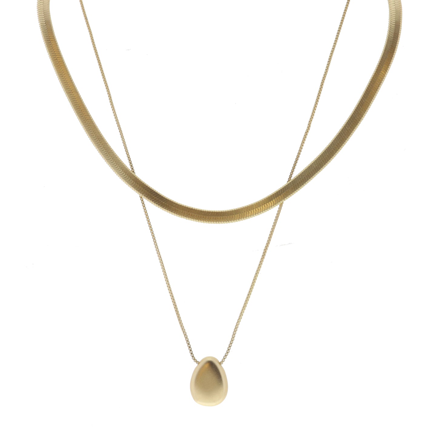 2 Strand, Gold Snake Chain, Gold Box Chain with Gold Teardrop Necklace