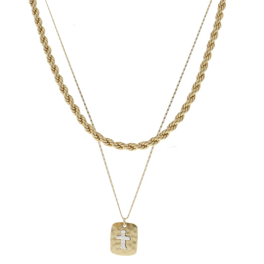 2 Strand, Gold Rope Chain, Gold Chain with Rectangle, Silver Cross Necklace