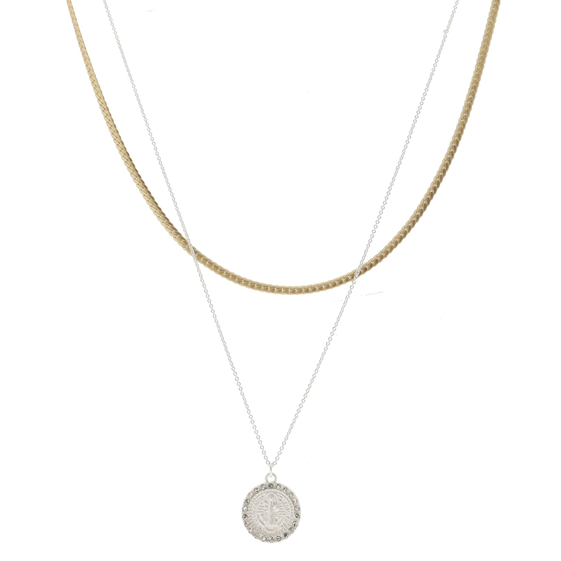 2 Strand, Gold Bar Chain, Silver Chain with Silver Virgin Mary Necklace