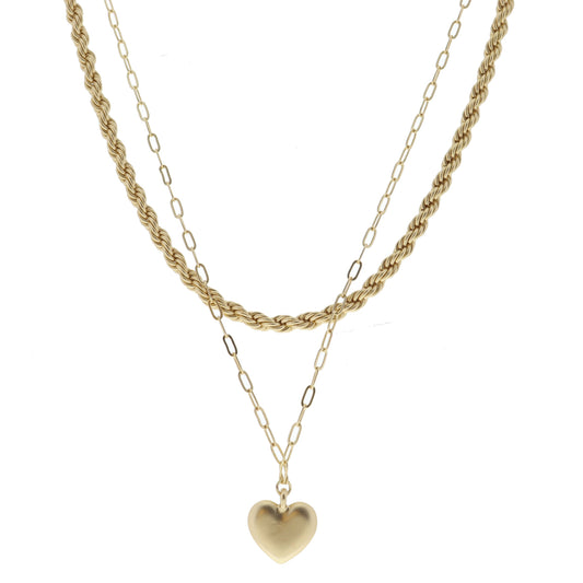 2 Strand, Gold Rope Chain, Gold Paperclip with Gold Heart Necklace