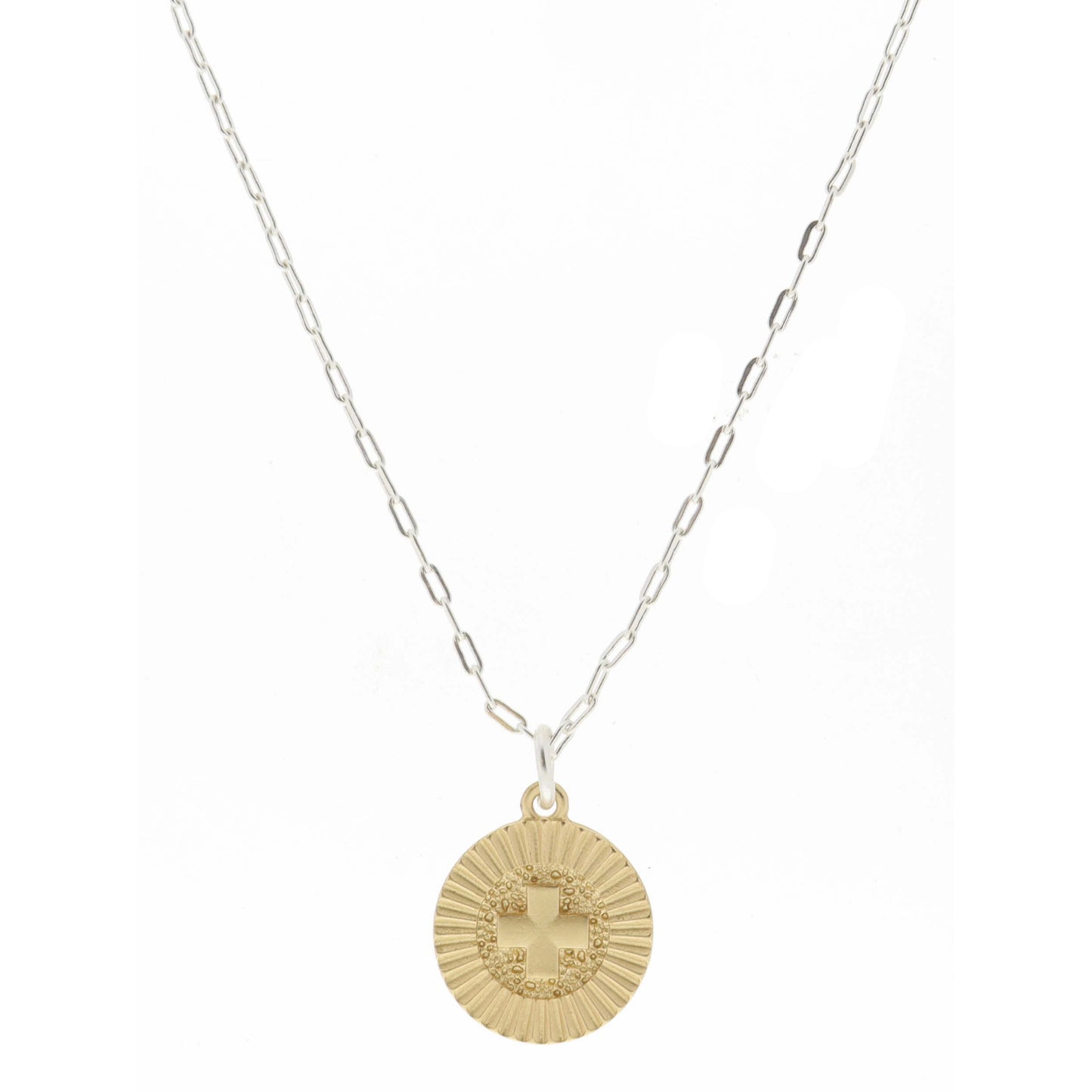 Gold Textured Disc with Square Cross Center Necklace