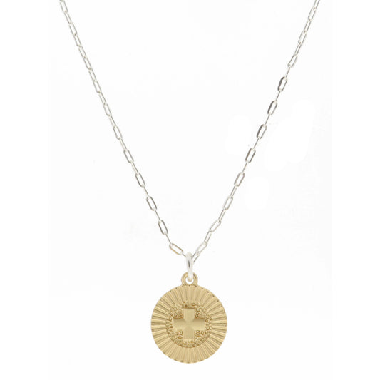 Gold Textured Disc with Square Cross Center Necklace