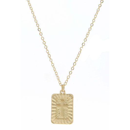 Gold Textured Rectangle with Cross Center Necklace