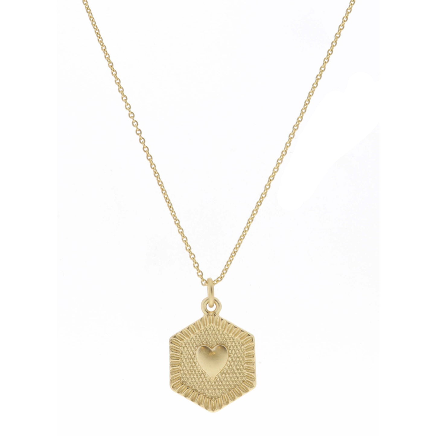 Gold Textured Hexagon with Heart Center Necklace
