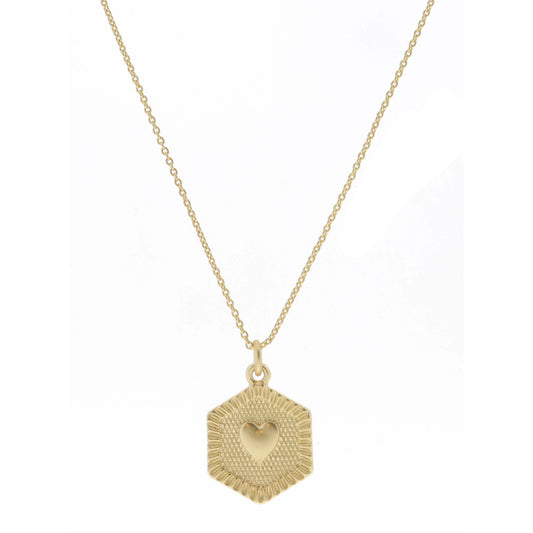 Gold Textured Hexagon with Heart Center Necklace