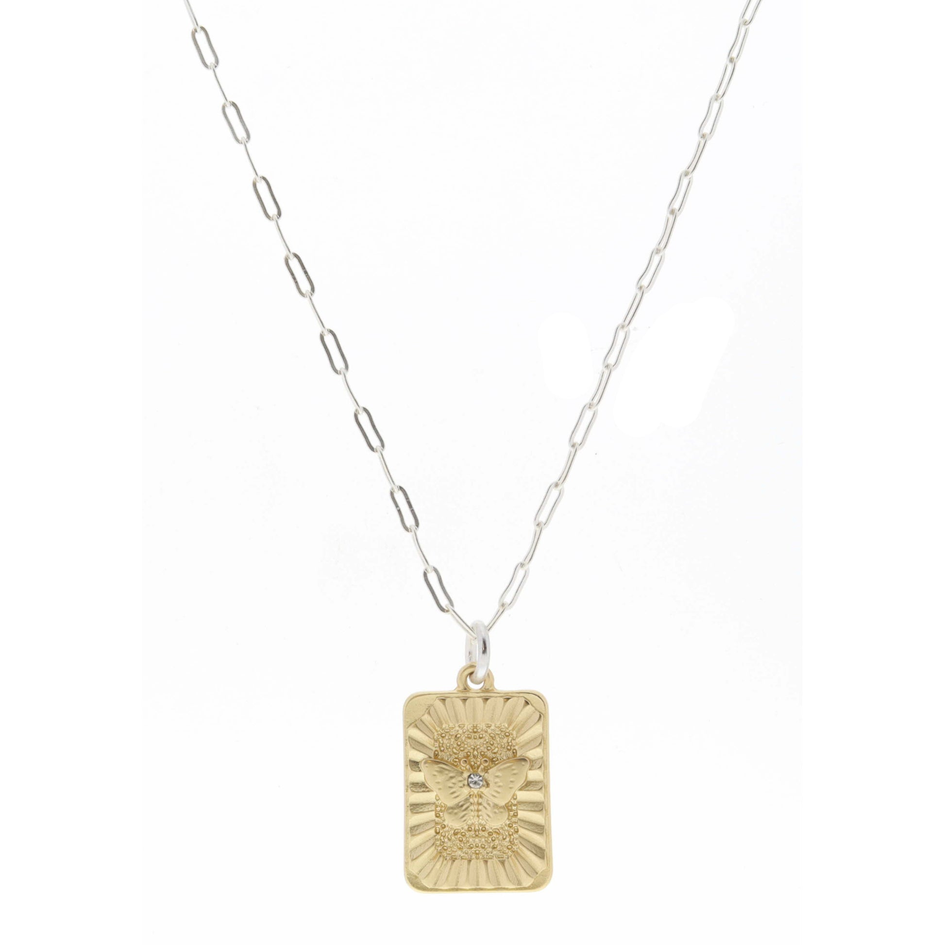 Gold Textured Rextangle with Butterfly and Clear Crystal Center Necklace