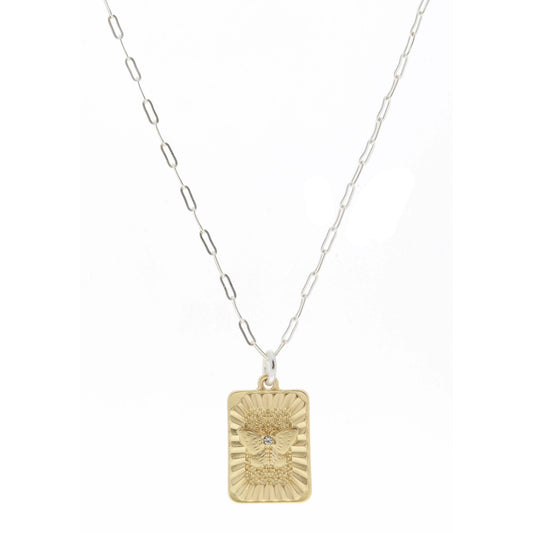 Gold Textured Rextangle with Butterfly and Clear Crystal Center Necklace