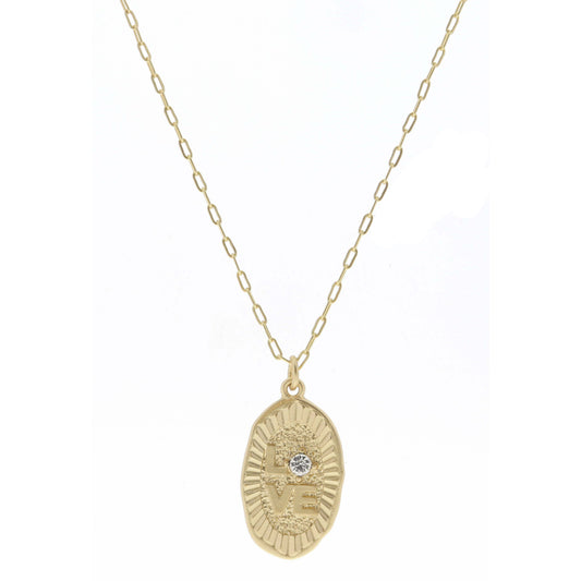Gold Textured Oval with "LOVE" and Crystal Center Necklace