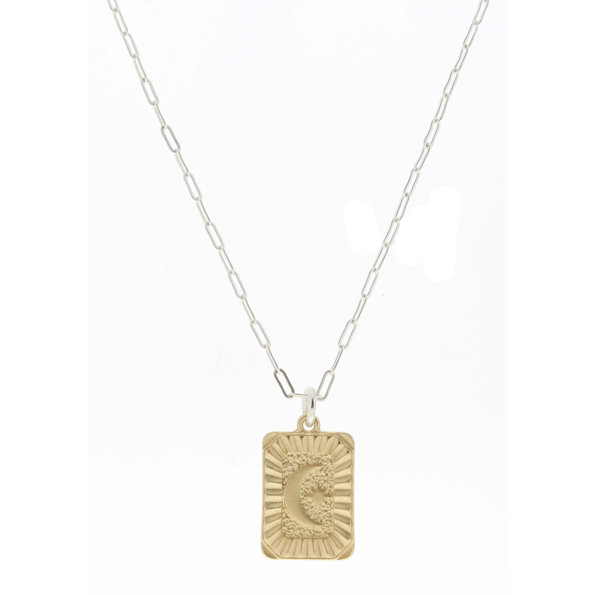 Gold Textured Rectangle with Crescent Moon with Star Center Necklace